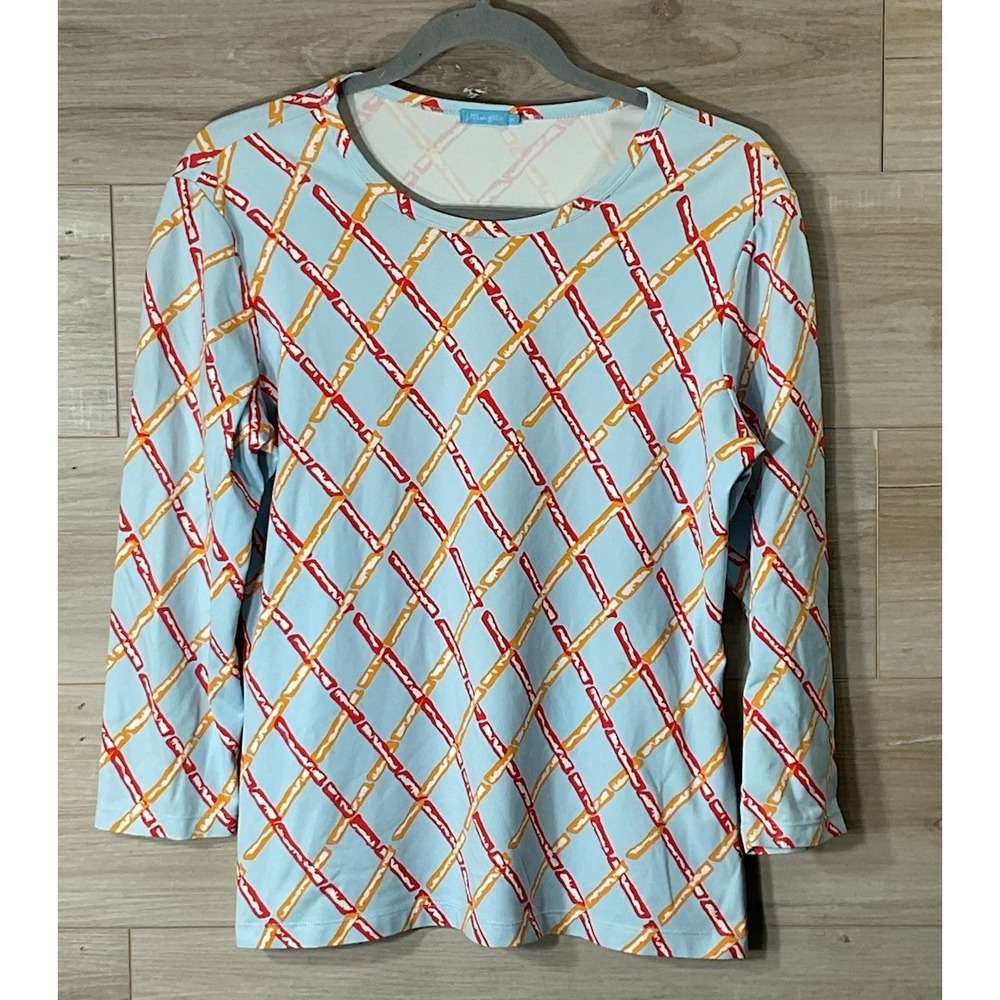 J. McLaughlin Catalina Cloth Top Womens M Blue Multi Geometric 3/4 Sleeve Bamboo